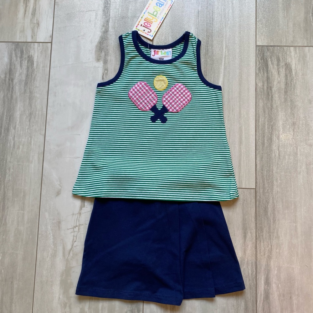 NWT JellyBean by Smock Candy Navy & Green Pickleball Sleeveless Bow Top & Skort